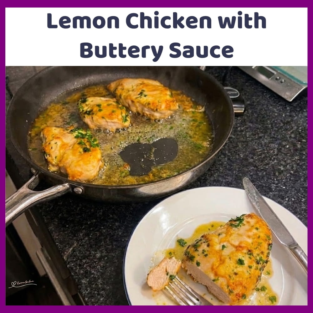 An image of a pan with 4 pieces of Lemon Chicken with Buttery Sauce