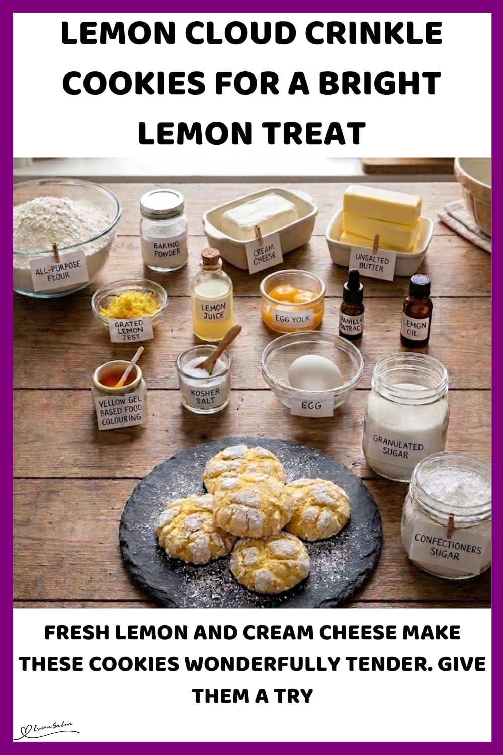An image of a platter of Lemon Cloud Crinkle Cookies with confectioners' sugar tops