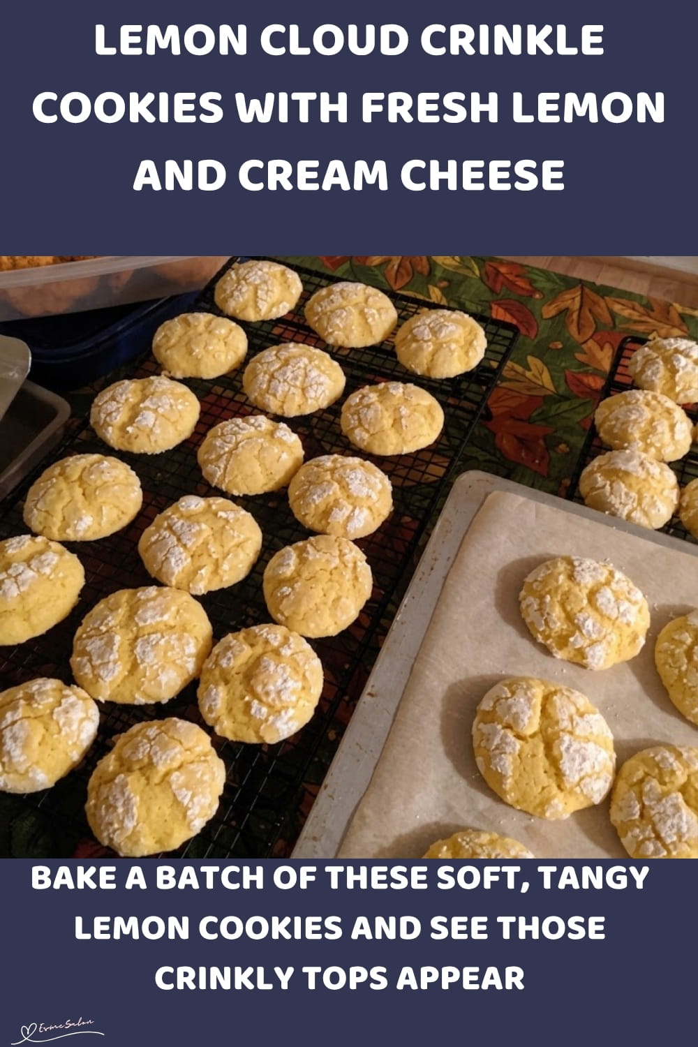 An image of a platter of Lemon Cloud Crinkle Cookies with confectioners' sugar tops