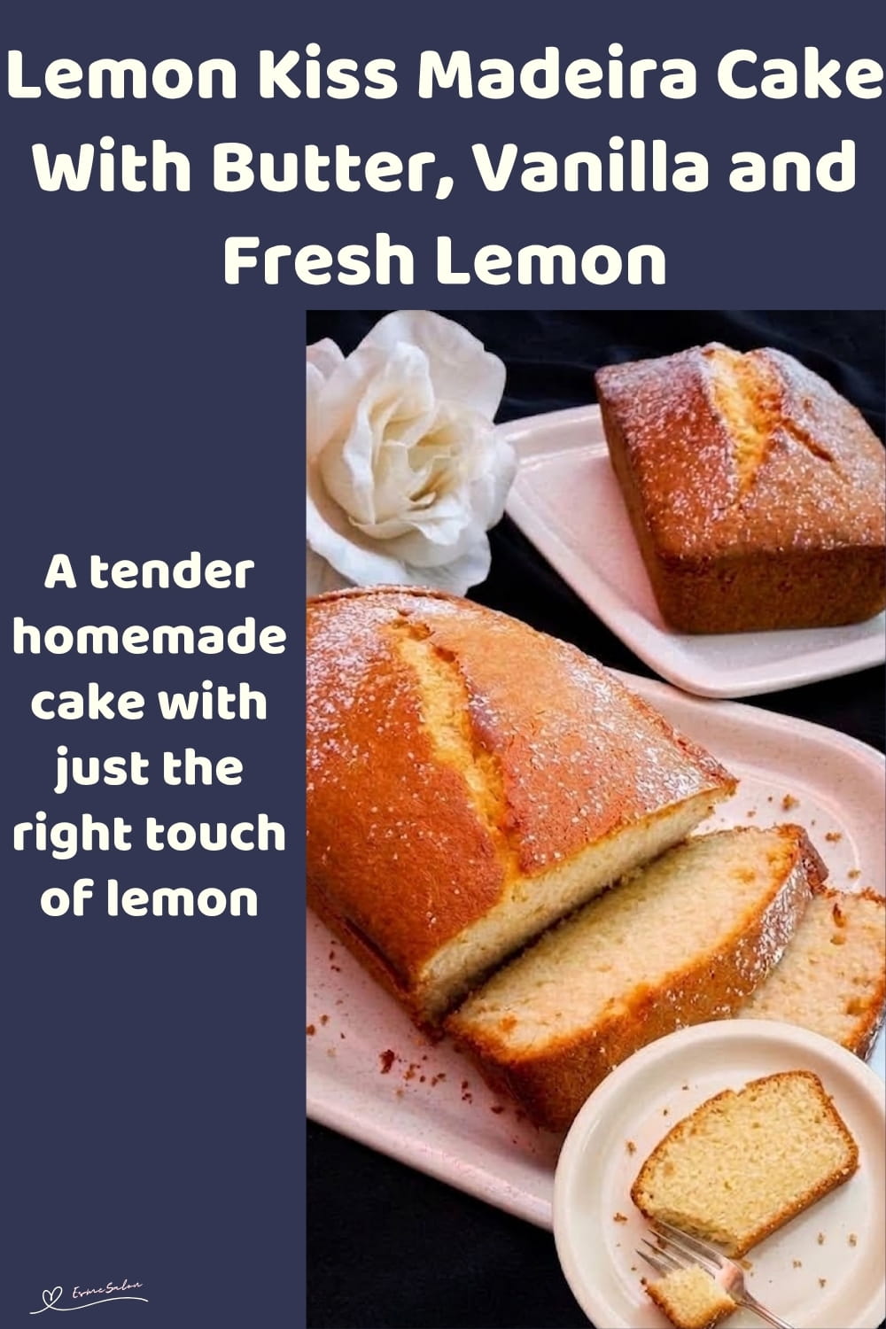 An image of a plate with a Madeira cake with lemon rind and light icing sugar dusting