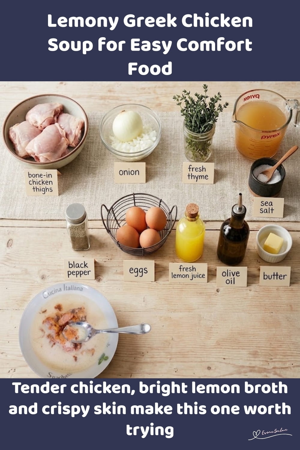 An image of a soup bowl filled with Lemony Greek Chicken Soup and Crispy chicken skin
