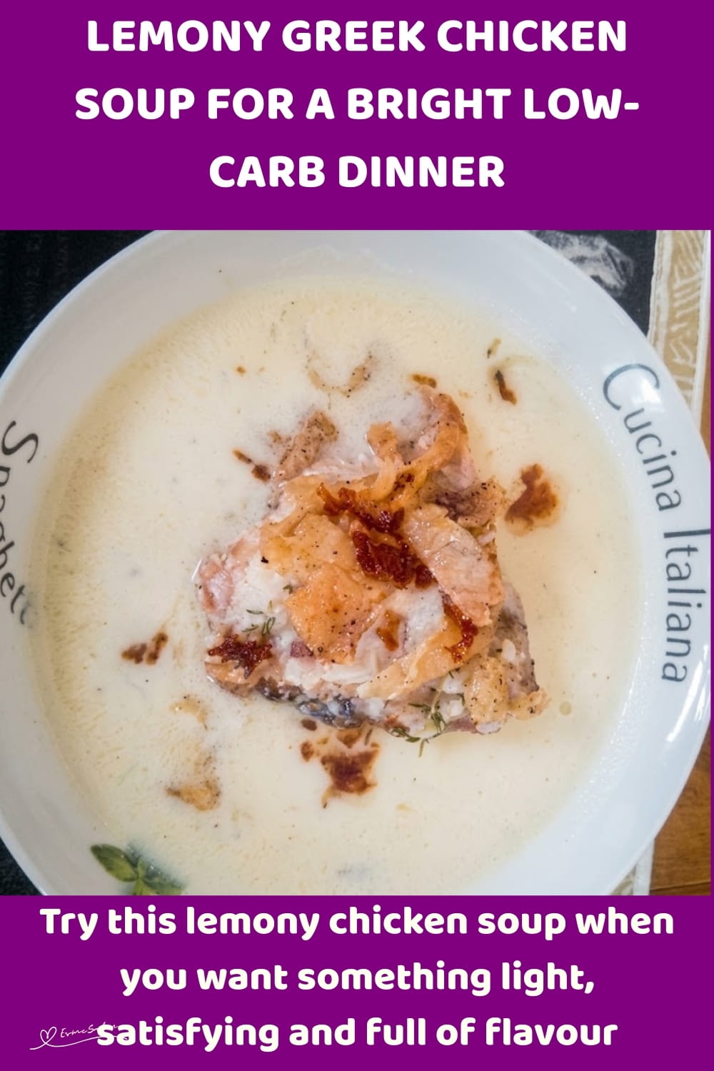 An image of a soup bowl filled with Lemony Greek Chicken Soup and Crispy chicken skin