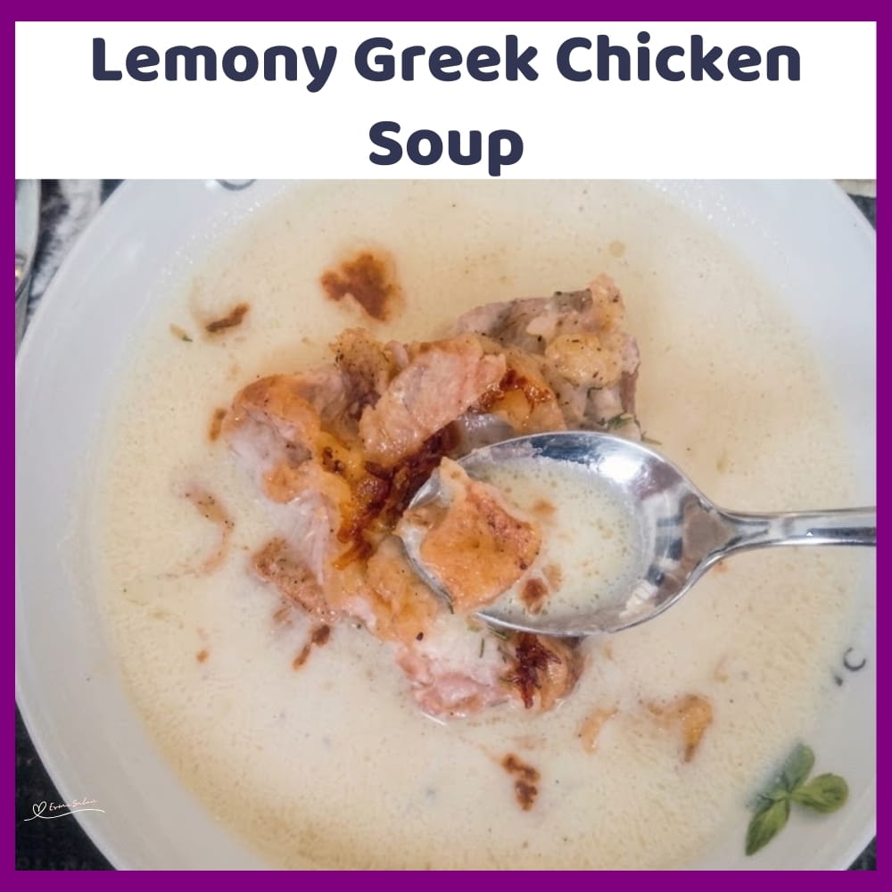 An image of a soup bowl filled with Lemony Greek Chicken Soup and Crispy chicken skin