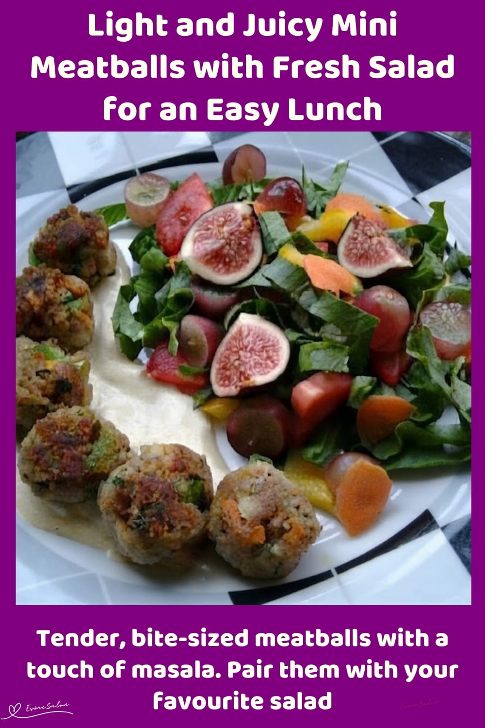 An image of a plate with Mini Meatballs with coriander, a touch of chili and a fresh Salad