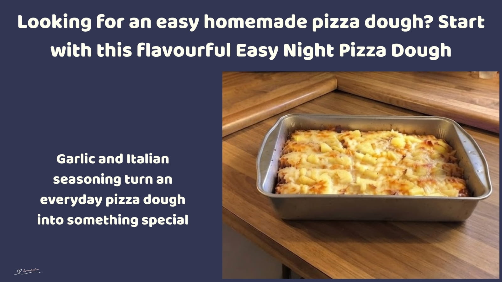 An image of a baking tray with pizza dough, with garlic and Italian seasoning in the dough