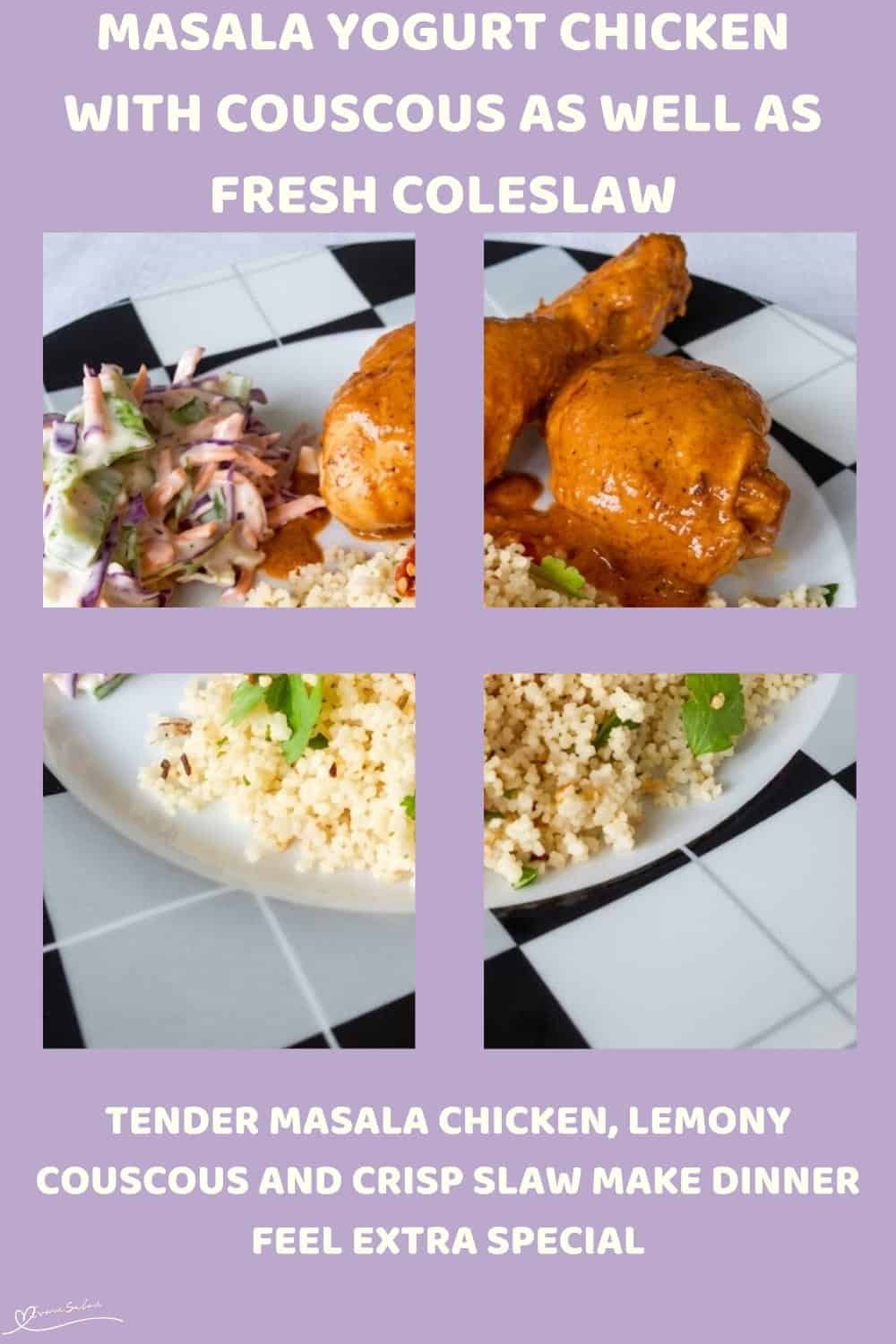 An image of a plate with drumsticks and butter chicken masala with Couscous and Yoghurt