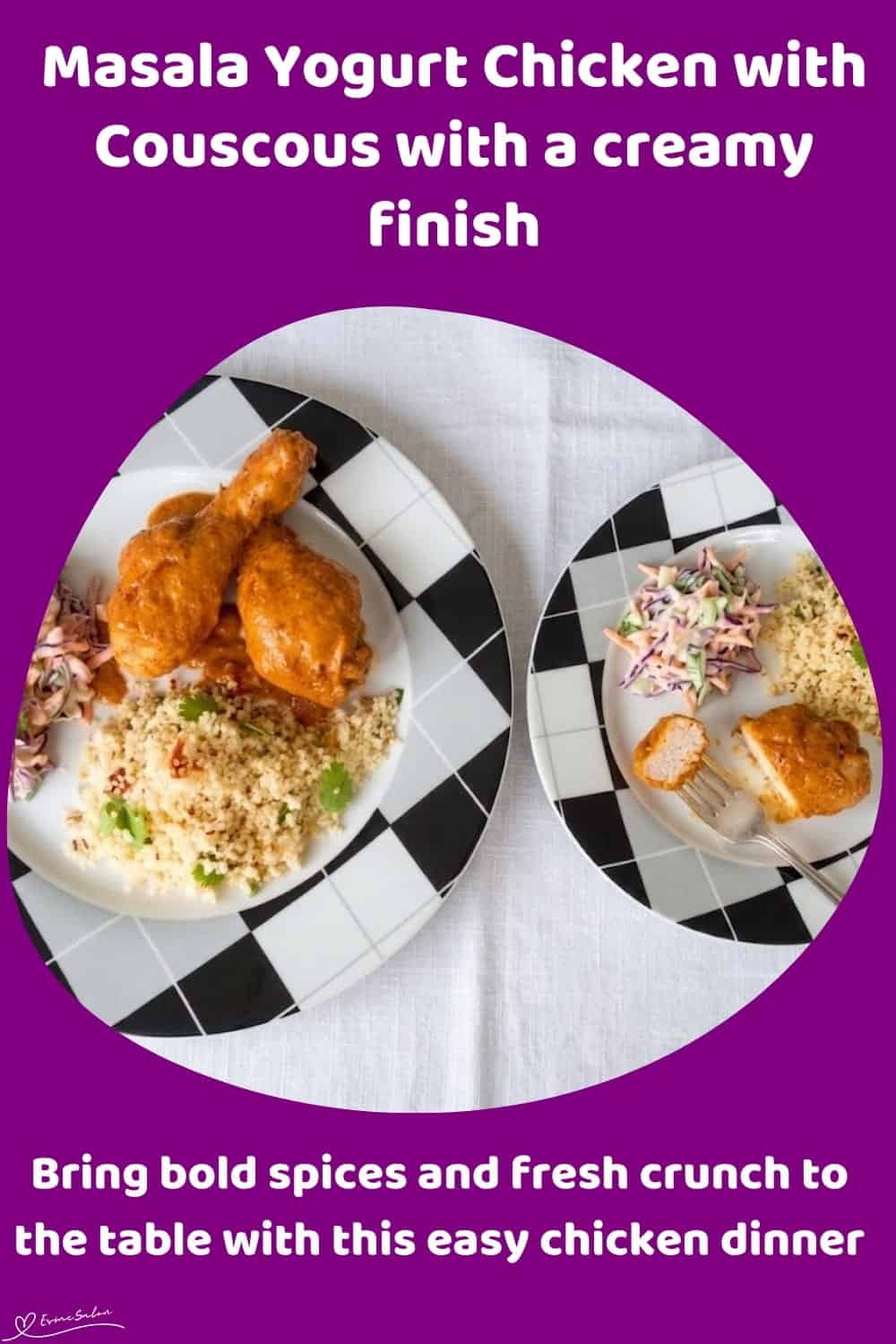An image of a plate with drumsticks and butter chicken masala with Couscous and Yoghurt