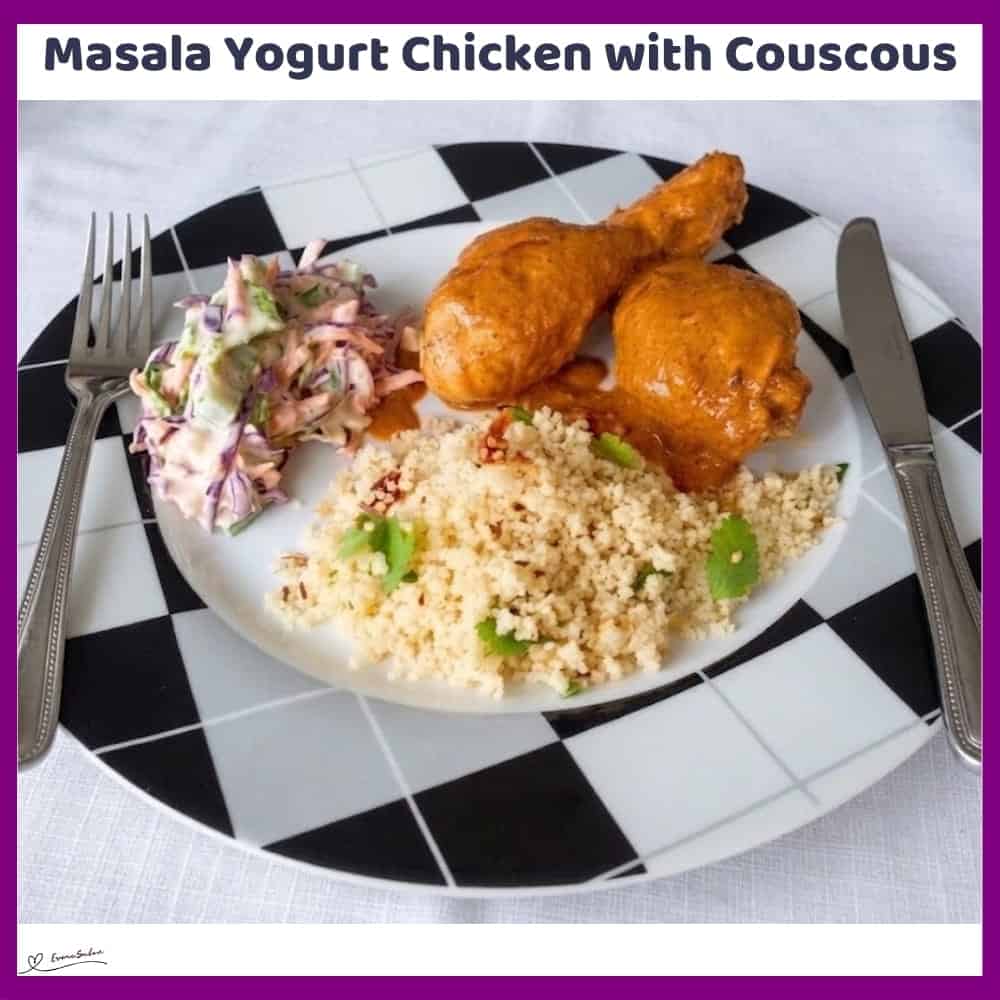 An image of a plate with drumsticks and butter chicken masala with Couscous and Yoghurt