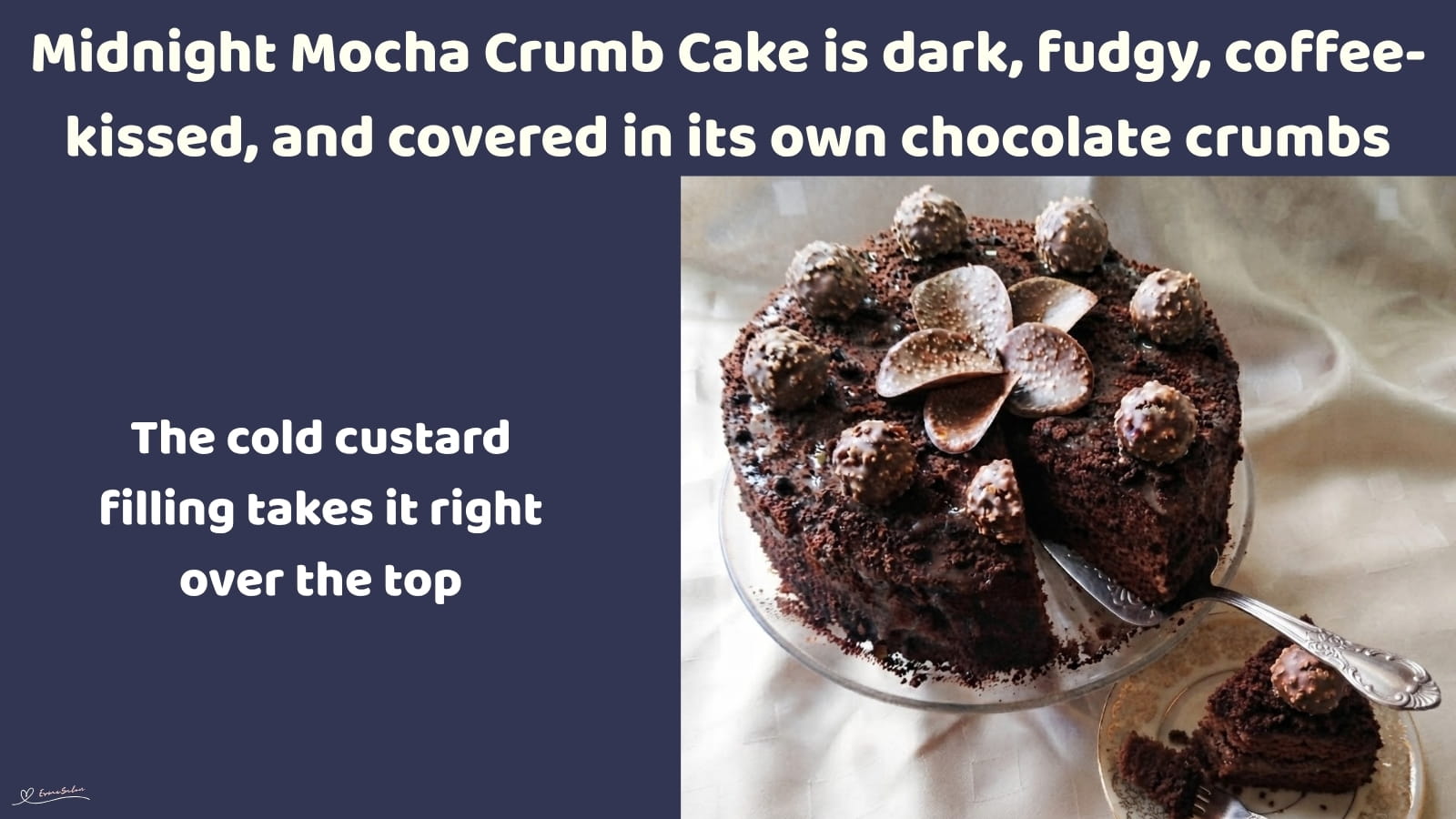 An image of a round Mocha Crumb Cake with rich chocolate custard and crumb coating