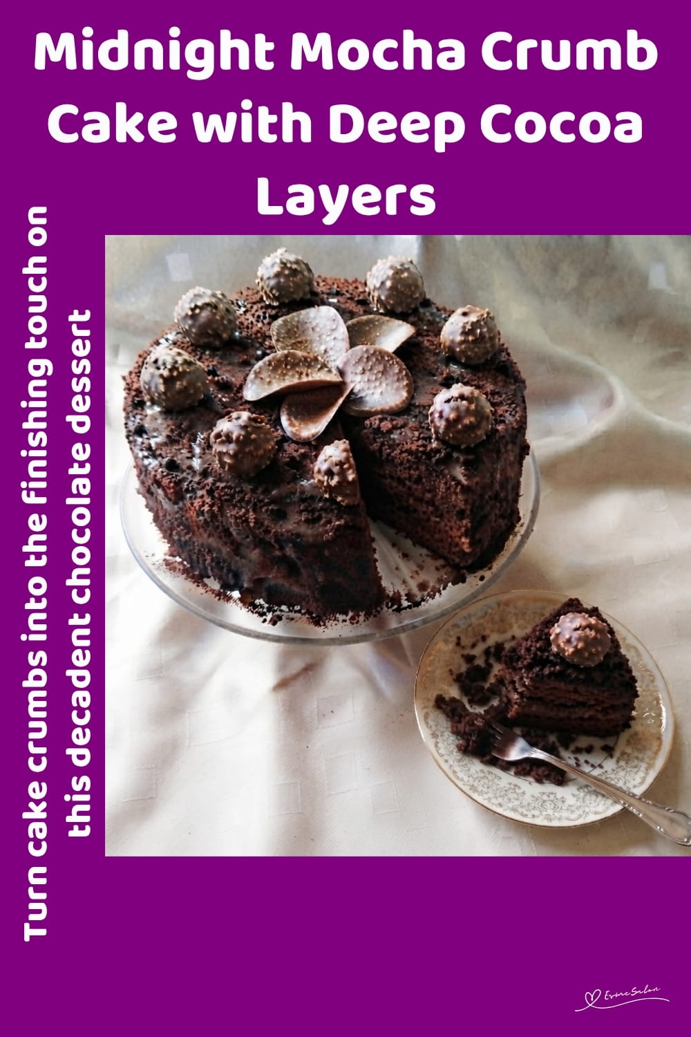 An image of a round Mocha Crumb Cake with rich chocolate custard and crumb coating