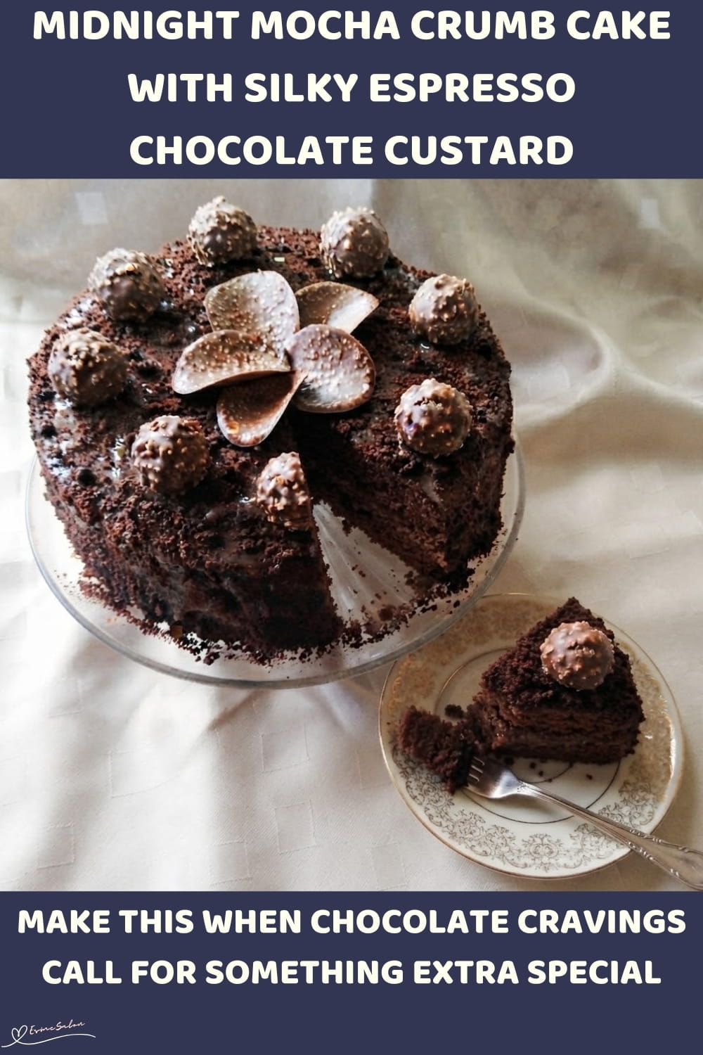 An image of a round Mocha Crumb Cake with rich chocolate custard and crumb coating