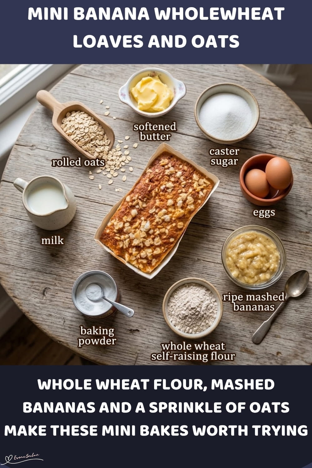 An image of Mini Banana Wholewheat Loaves with a sprinkling of oats as decoration