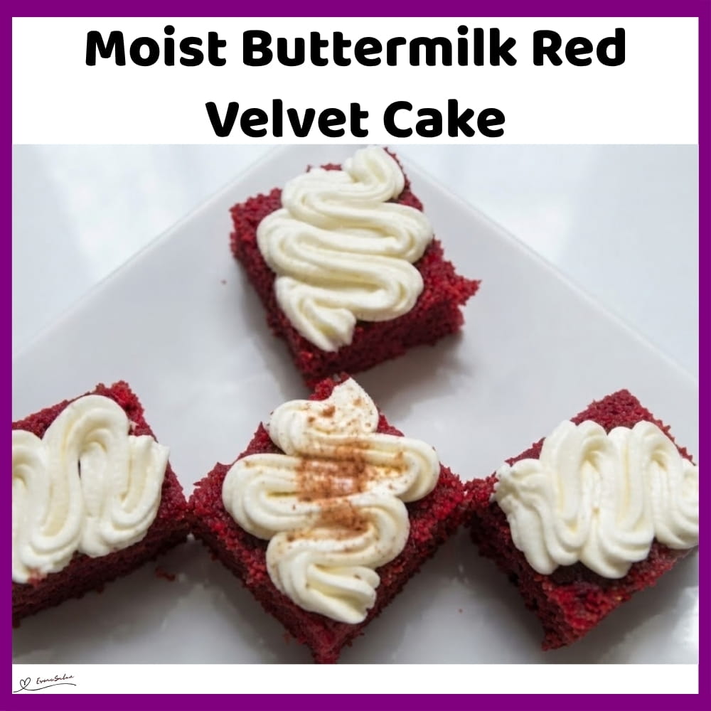An image of cubes of Red Velvet Cake with Buttermilk and cream cheese frosting
