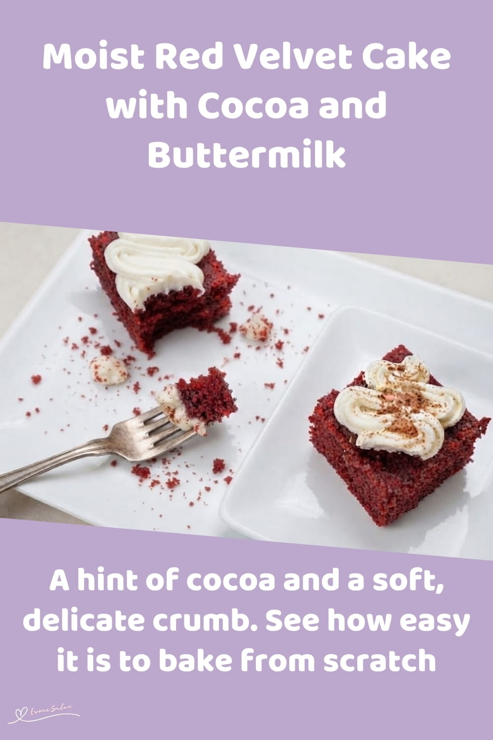 An image of cubes of Red Velvet Cake with Buttermilk and cream cheese frosting