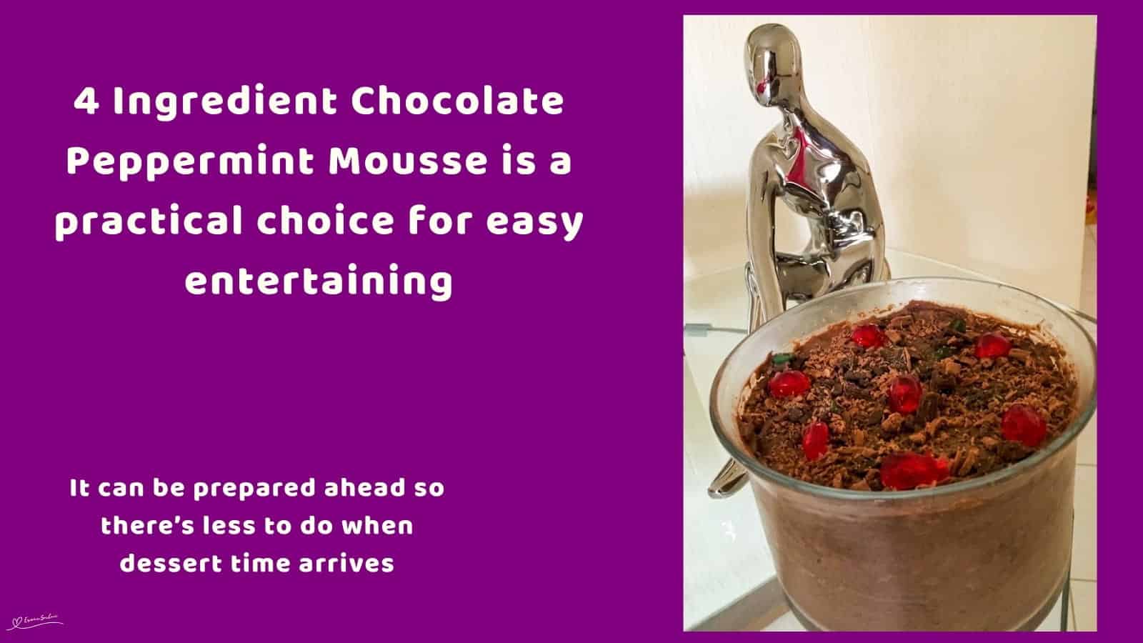 An image of a bowl of Chocolate Peppermint Mousse with instant pudding, cream and Peppermint Crisp
