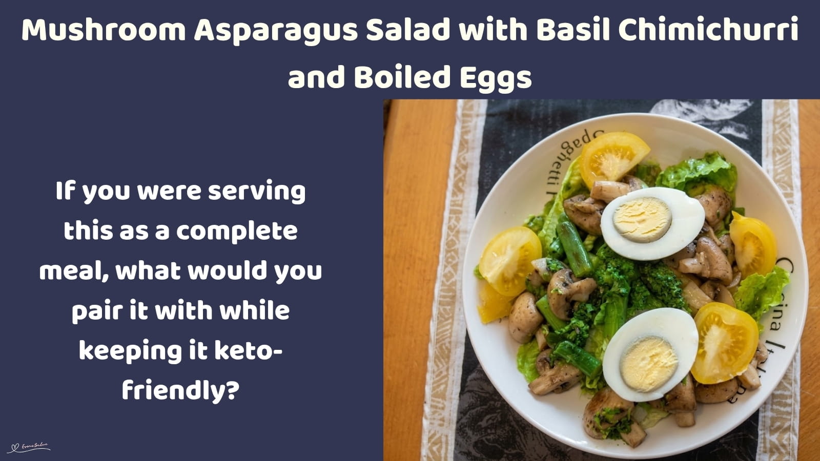 An image of a plate of Keto salad: Portobello mushrooms, fresh asparagus and boiled eggs with a homemade basil dressing