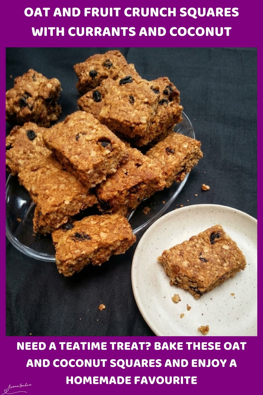 An image of a dish of Oat and Fruit Crunch Squares made of rolled oats, currants, coconut and golden syrup