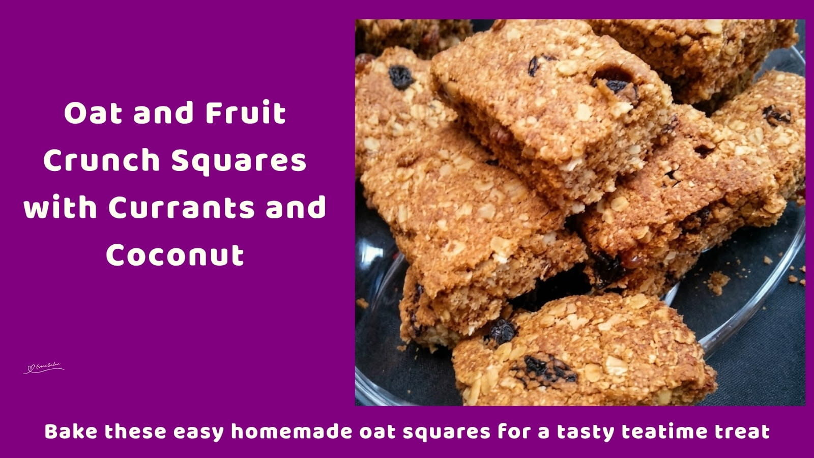 An image of a dish of Oat and Fruit Crunch Squares made of rolled oats, currants, coconut and golden syrup
