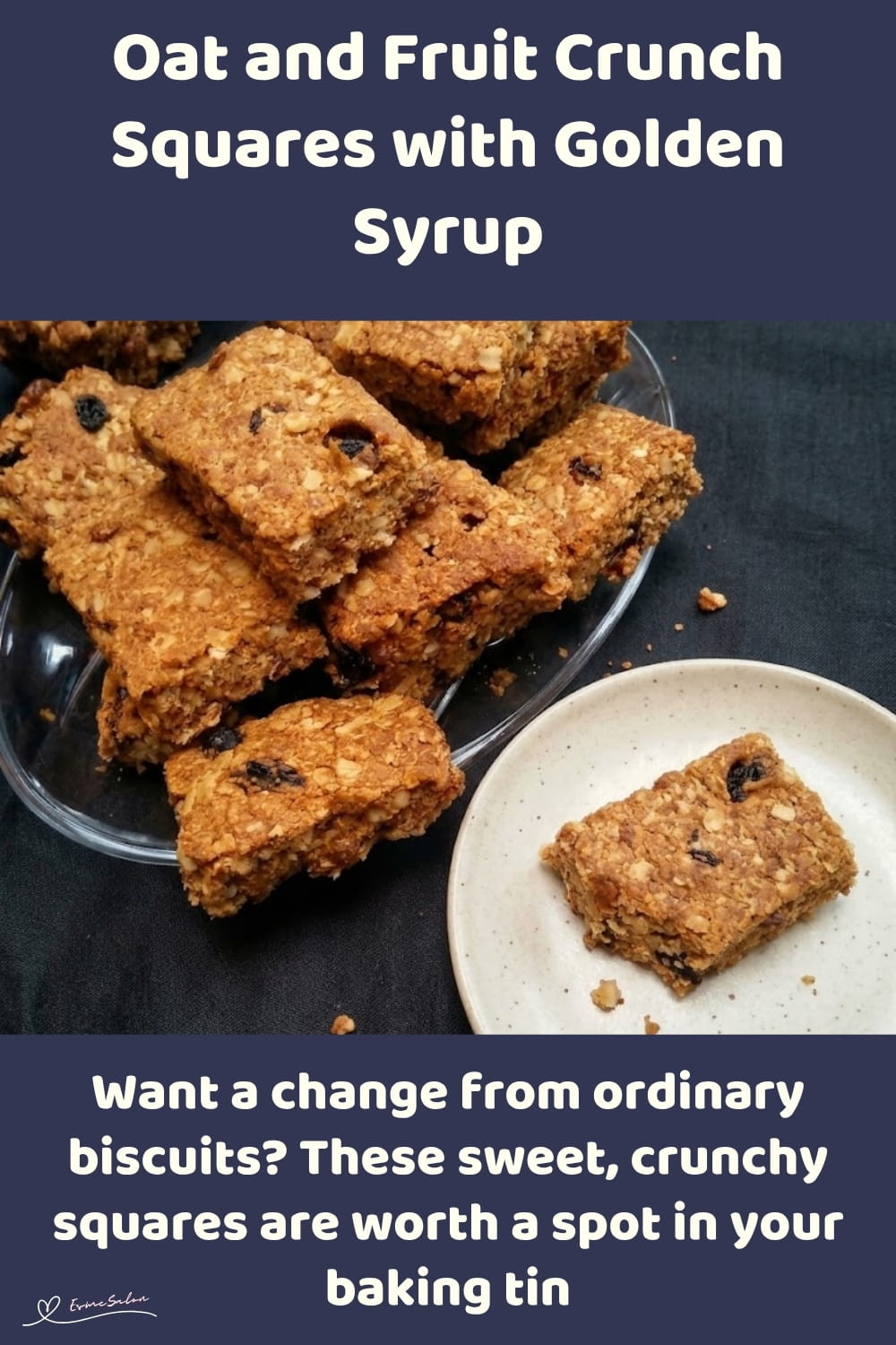 An image of a dish of Oat and Fruit Crunch Squares made of rolled oats, currants, coconut and golden syrup