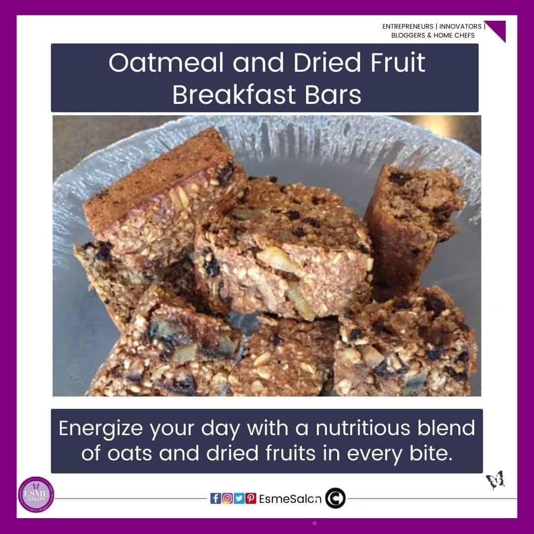 an image of blocks of Oatmeal and Dried Fruit Breakfast Bars on a glass stand