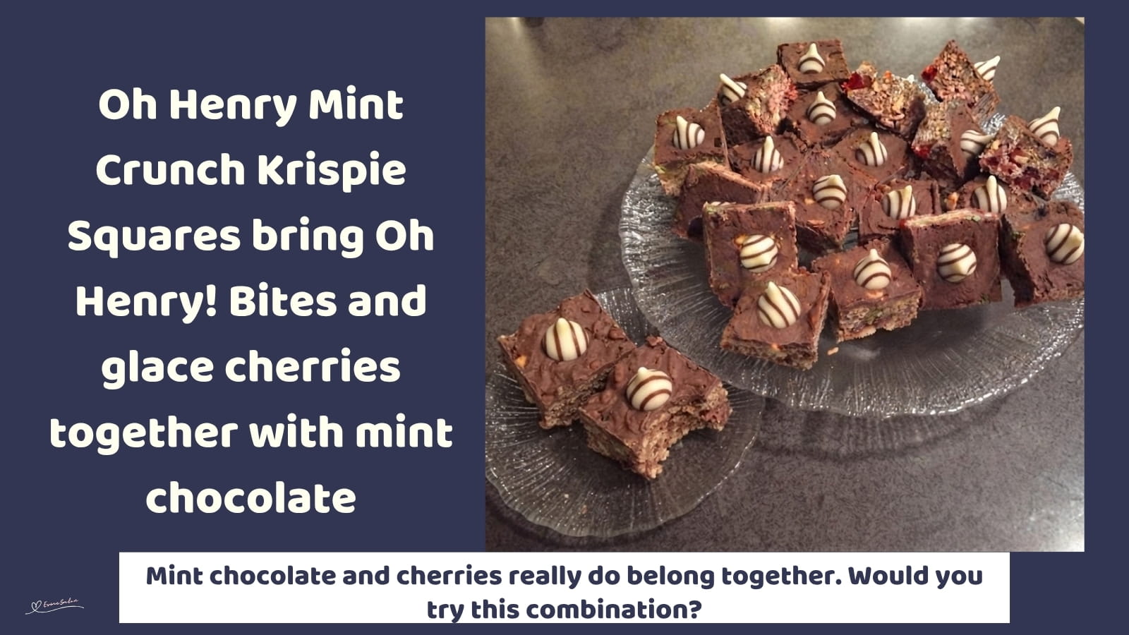An image of blocks of Oh Henry Mint Crunch Krispie Squares with glazed fruit