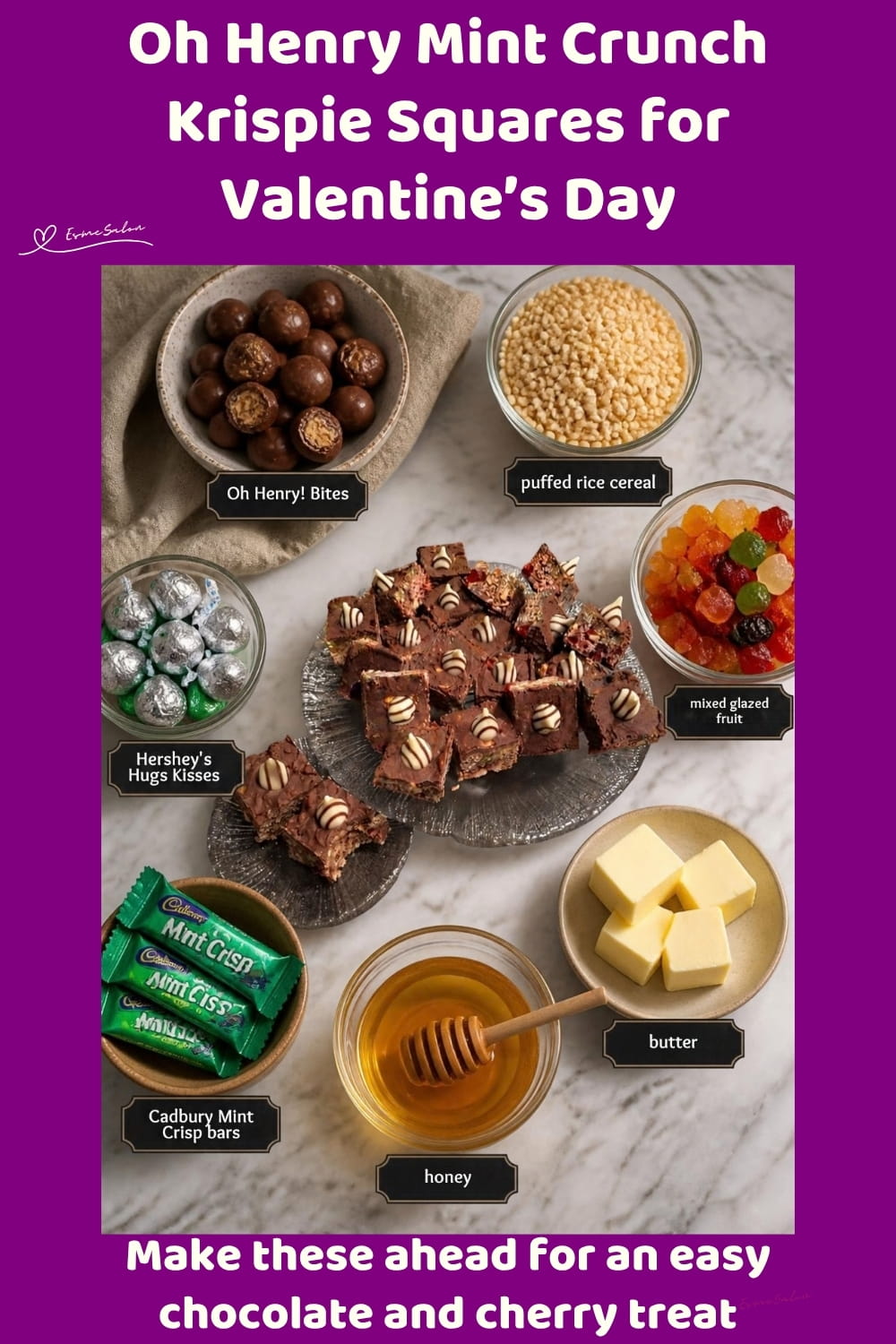 An image of blocks of Oh Henry Mint Crunch Krispie Squares with glazed fruit