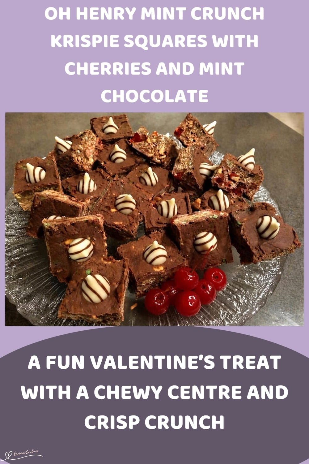 An image of blocks of Oh Henry Mint Crunch Krispie Squares with glazed fruit