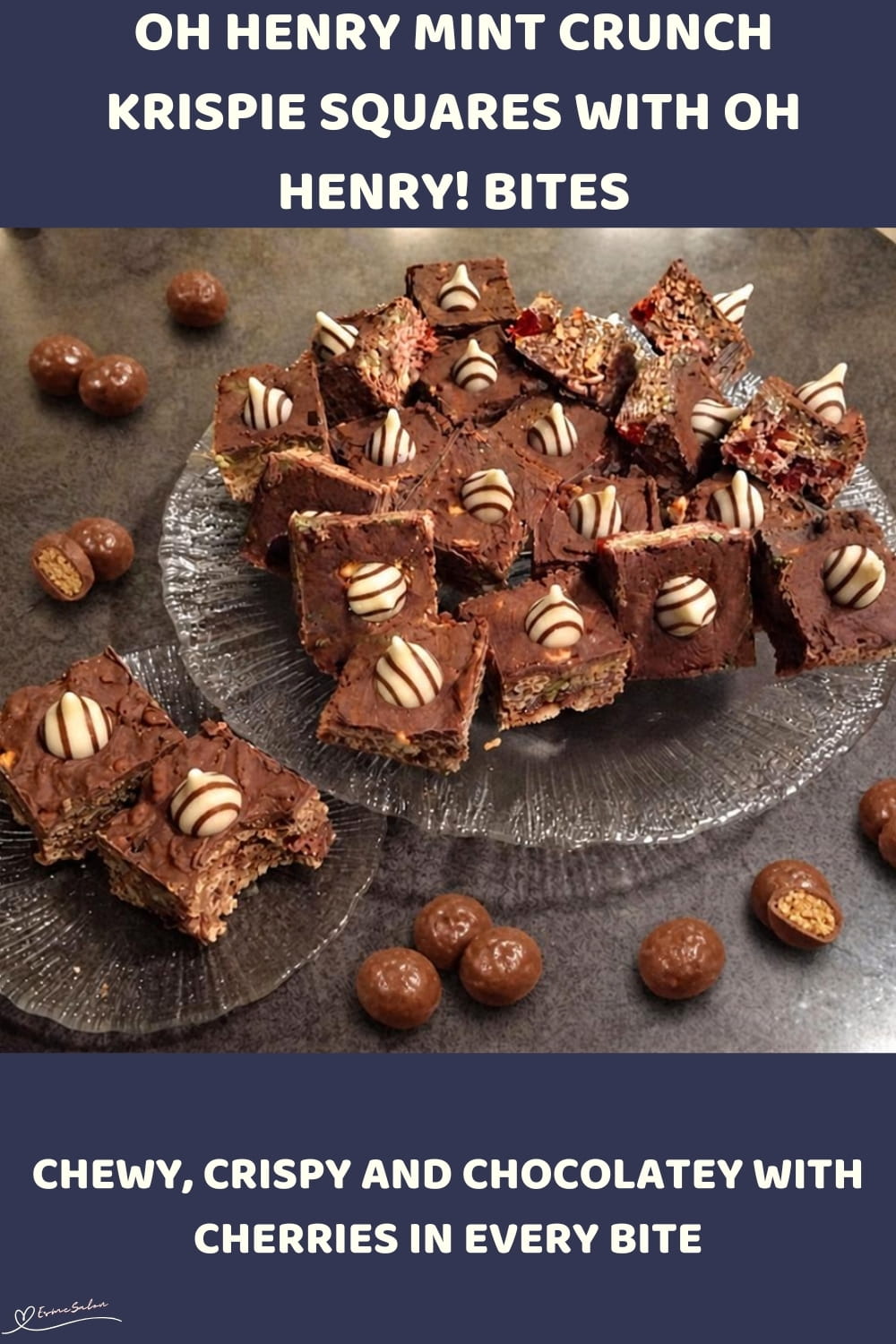 An image of blocks of Oh Henry Mint Crunch Krispie Squares with glazed fruit