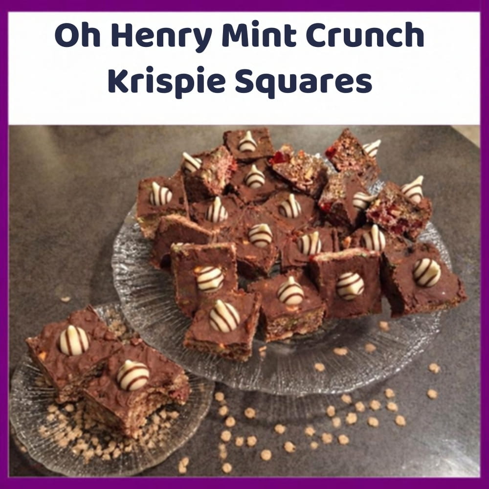 An image of blocks of Oh Henry Mint Crunch Krispie Squares with glazed fruit