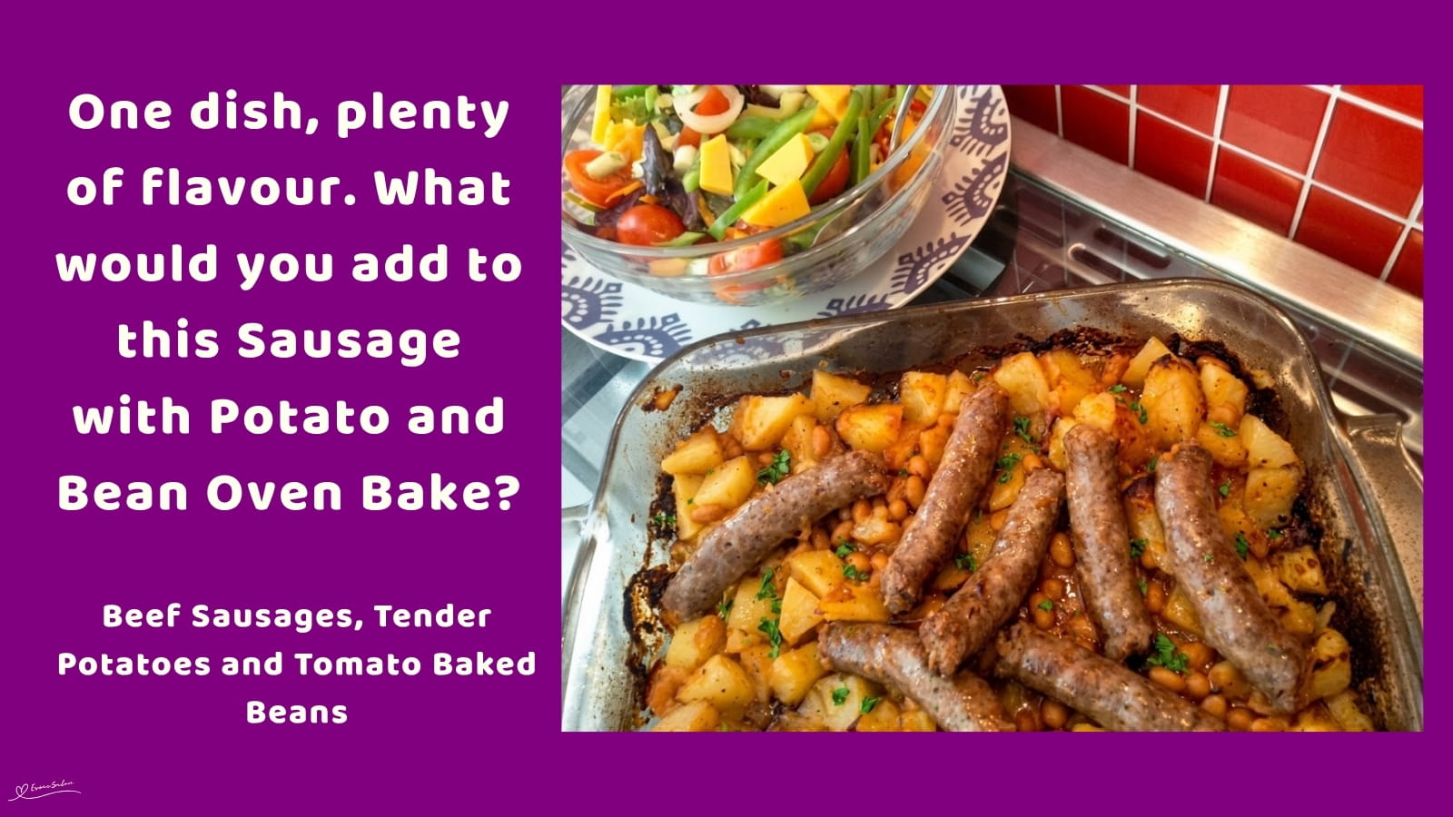 An image of a plate with oven-baked sausage, Potato, baked beans and a side of salad