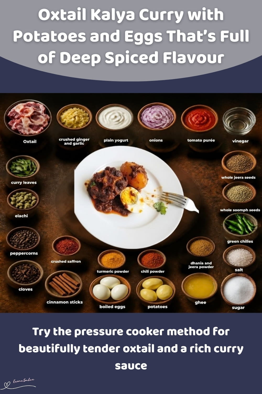 An image of a dish with a SA-flavored Oxtail Kalya Curry with Potatoes and Eggs meal