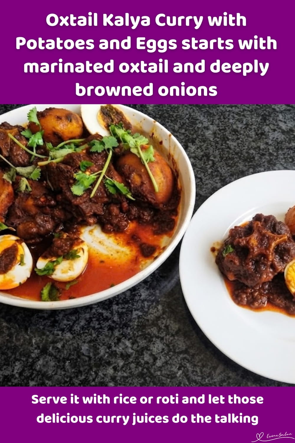 An image of a dish with a SA-flavored Oxtail Kalya Curry with Potatoes and Eggs meal