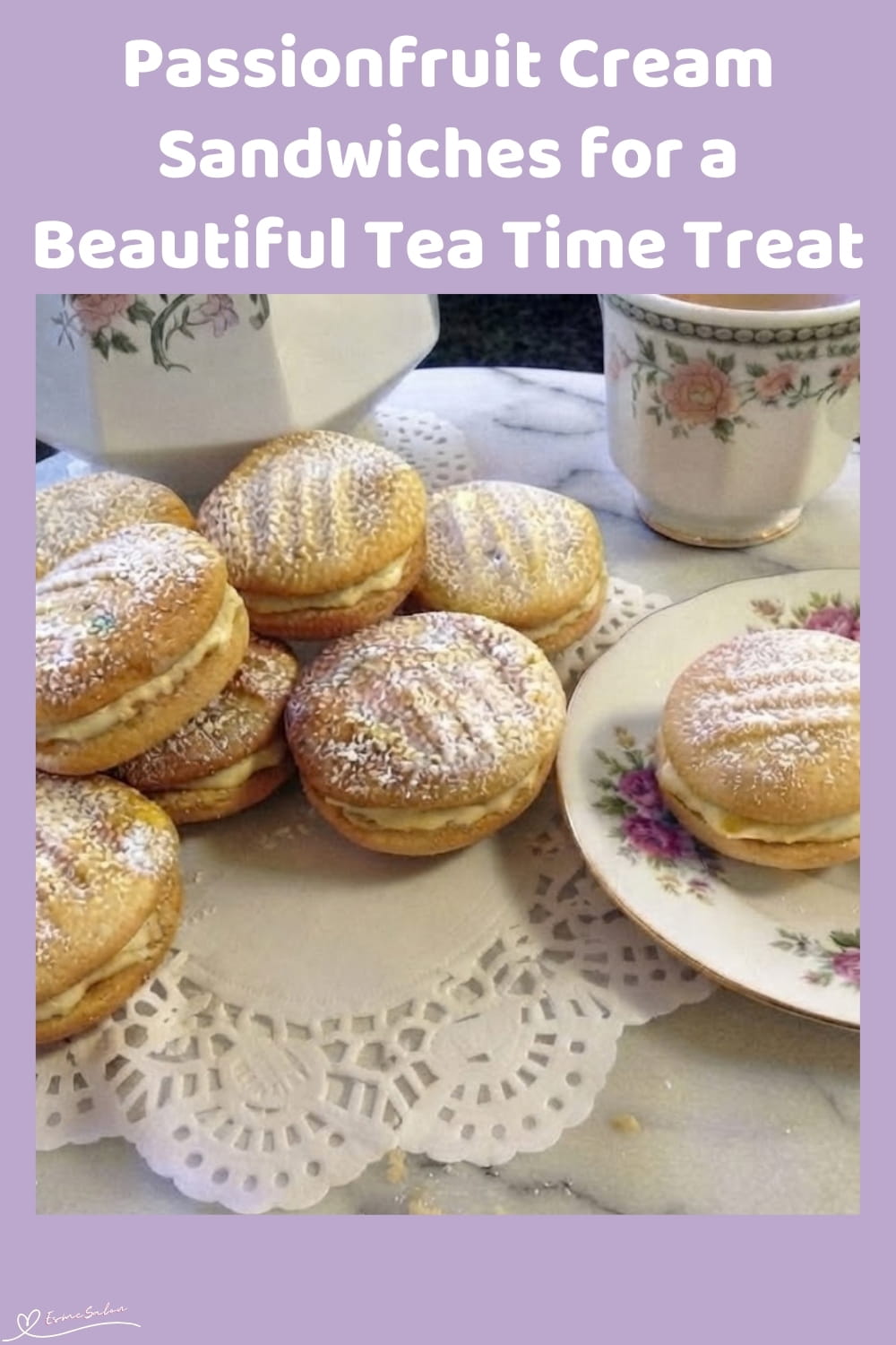 An image of a plate with passionfruit cream sandwiches dusted with icing sugar