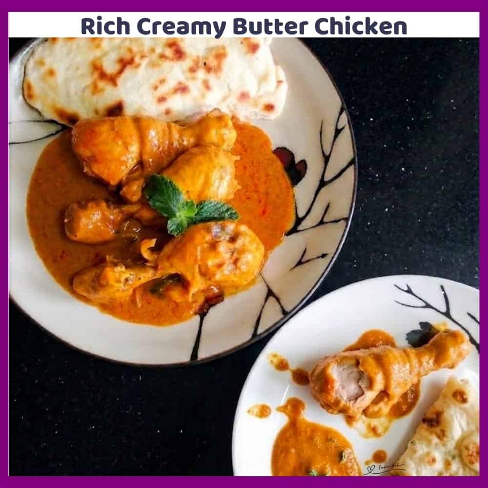An image of a plate with Creamy Butter Chicken, saffron, tomato, warm spices and coconut sauce