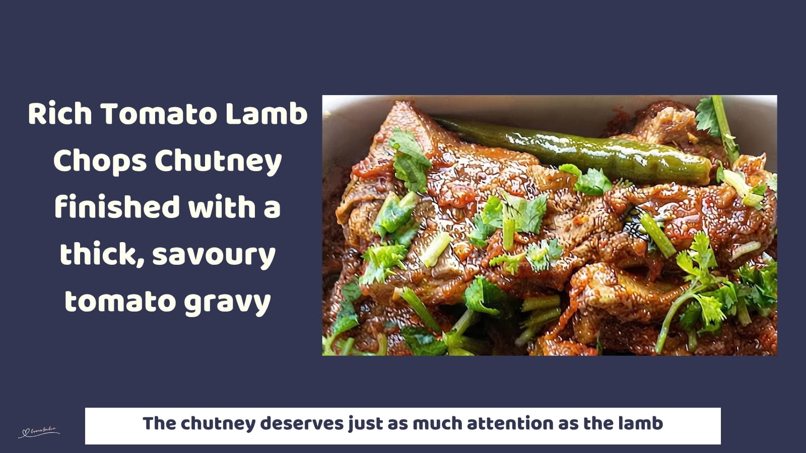 An image of a pan with Rich Tomato Lamb Chops Chutney with masala and fresh herbs
