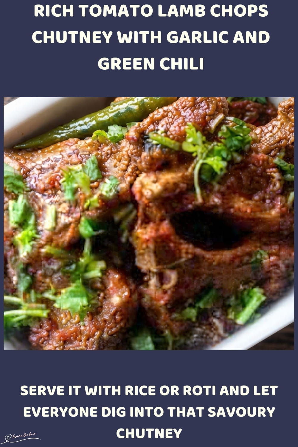 An image of a pan with Rich Tomato Lamb Chops Chutney with masala and fresh herbs