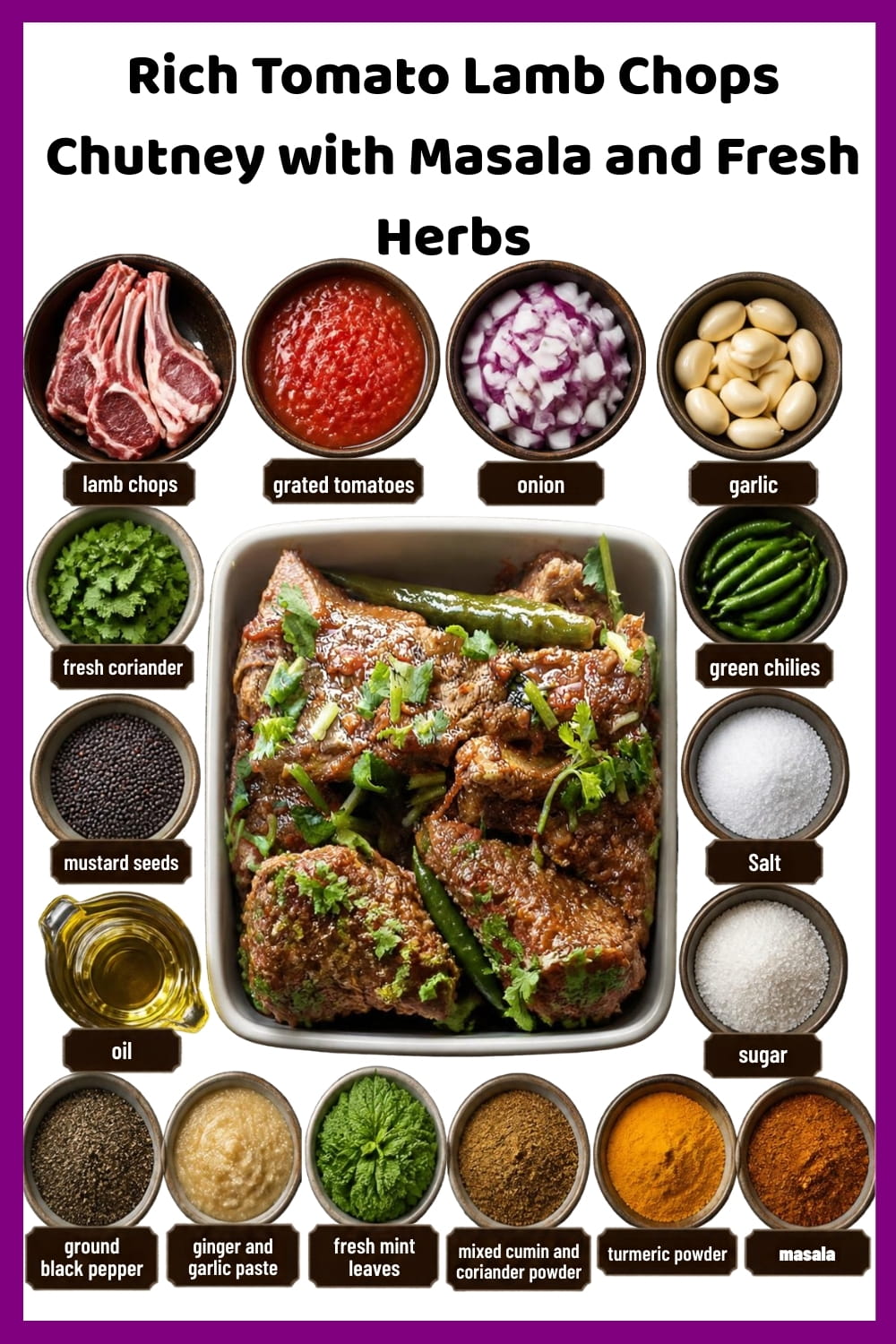 An image of a pan with Rich Tomato Lamb Chops Chutney with masala and fresh herbs