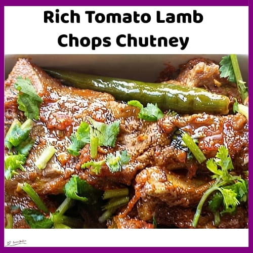 An image of a pan with Rich Tomato Lamb Chops Chutney with masala and fresh herbs