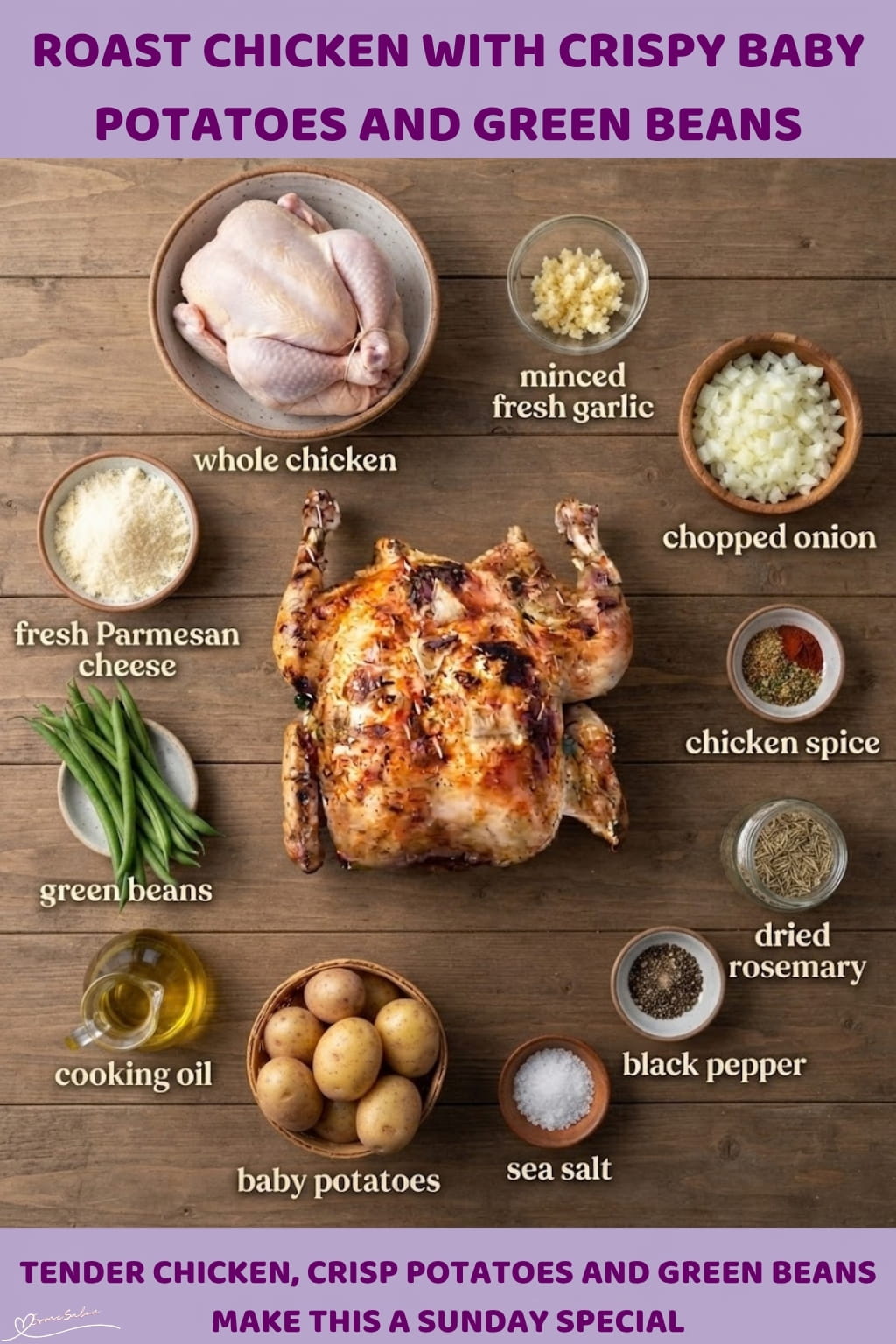 An image of a whole Roasted Chicken with Crispy Baby Potatoes and a side of green beans with grated Parmesan cheese