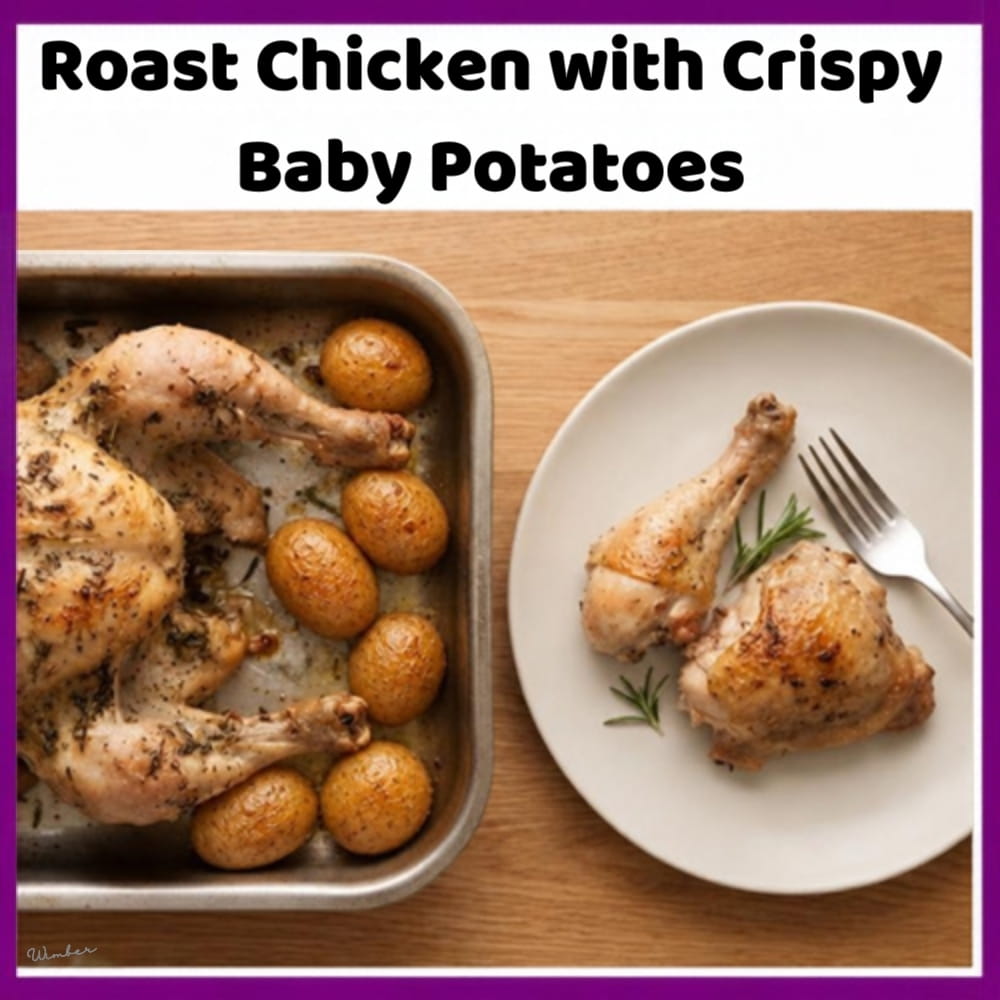 An image of a whole Roasted Chicken with Crispy Baby Potatoes and a side of green beans with grated Parmesan cheese