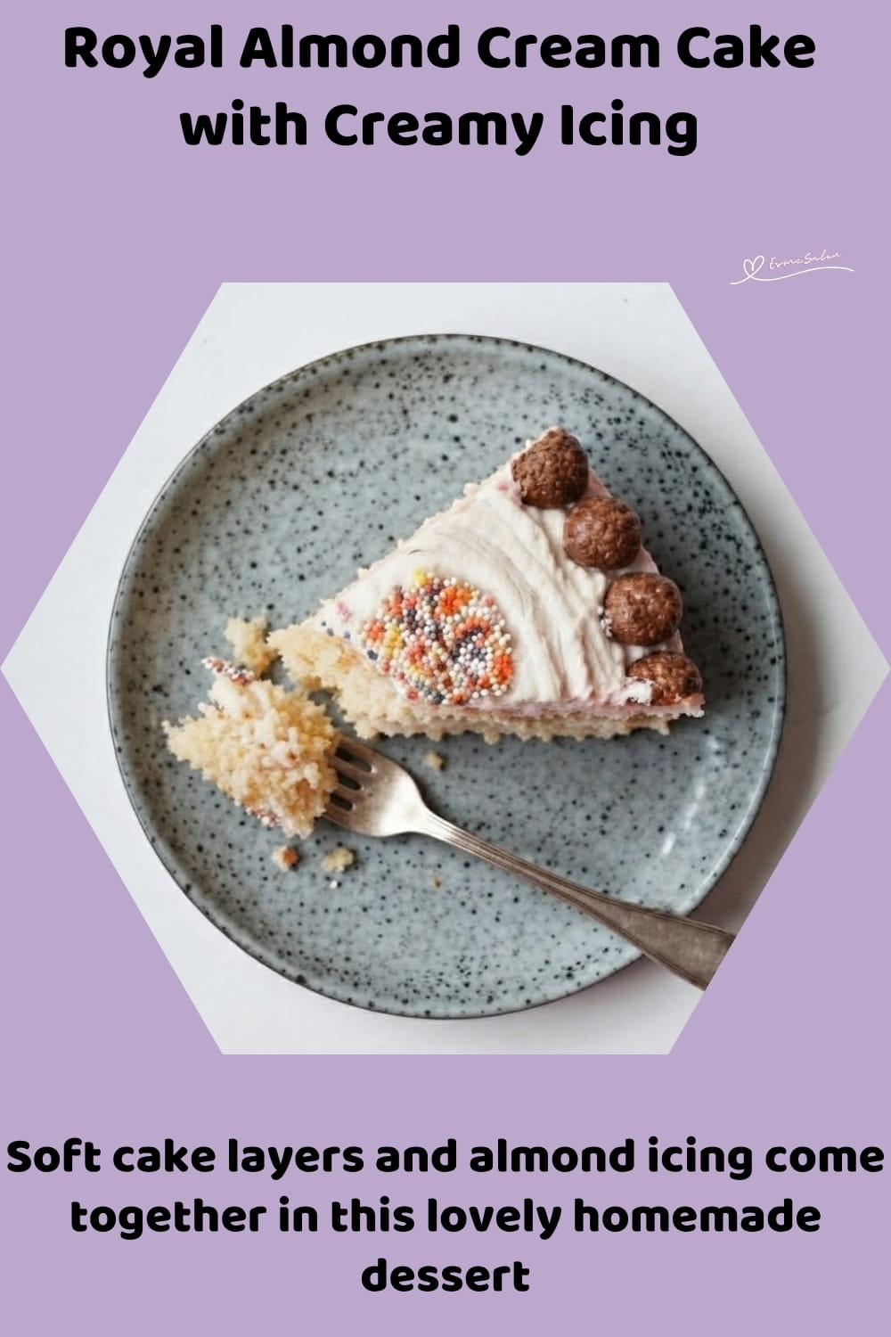 An image of a buttery cake with two layers and almond icing filling