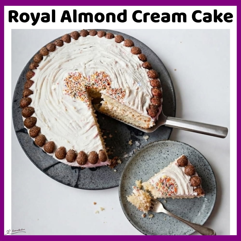 An image of a buttery cake with two layers and almond icing filling