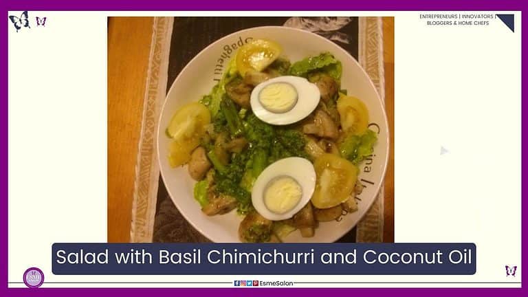 an image of a white serving plate with a green Salad with Basil Chimichurri with Coconut Oil and hard boiled eggs