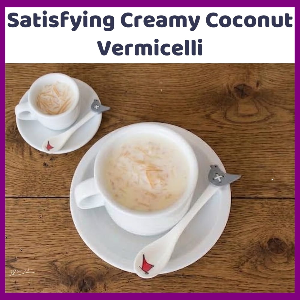 An image of a plate mug of Creamy Coconut Vermicelli with cardamom and rose water