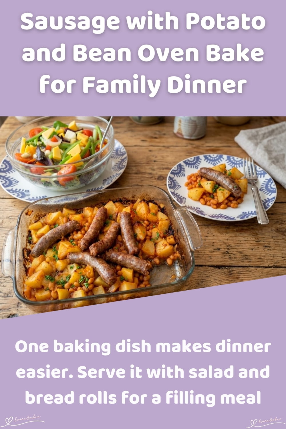An image of a plate with oven-baked sausage, Potato, baked beans and a side of salad