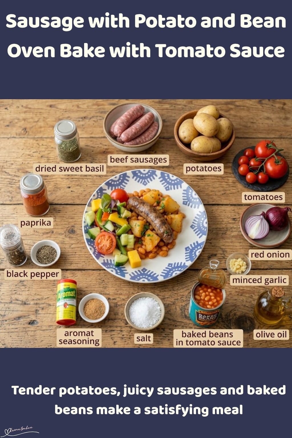 An image of a plate with oven-baked sausage, Potato, baked beans and a side of salad
