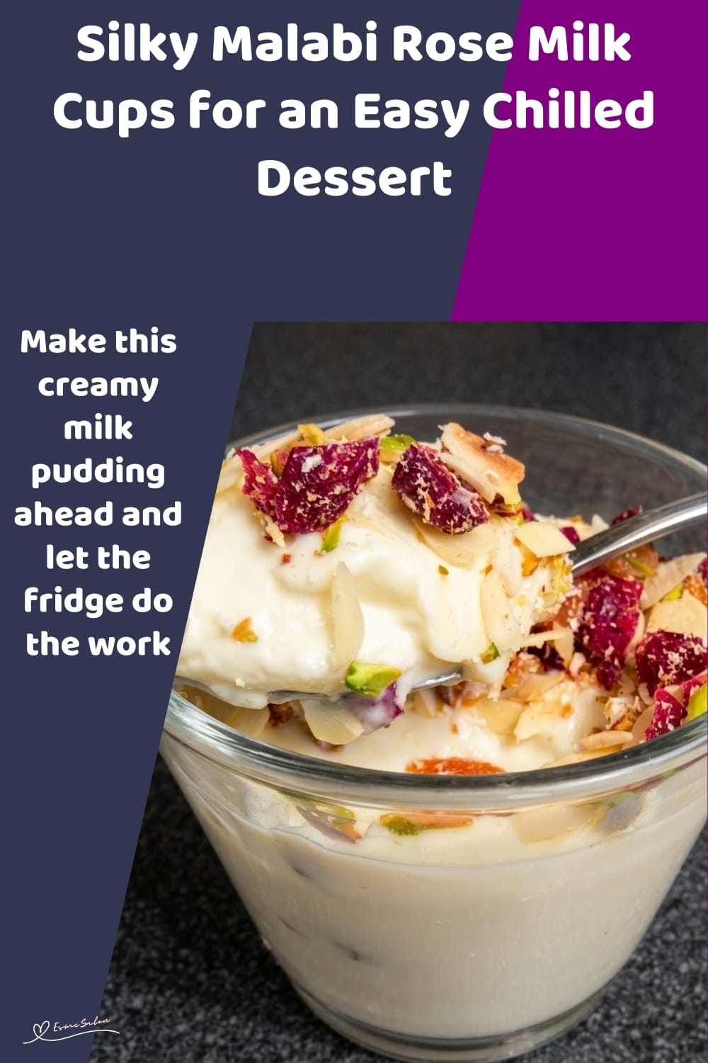 An image of glass with creamy, chilled Malabi Milk pudding with rose water, pistachios and crunchy toppings