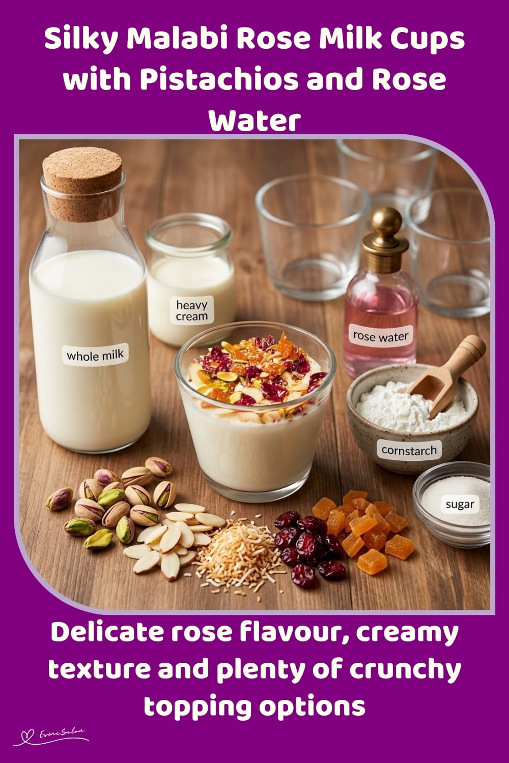 An image of glass with creamy, chilled Malabi Milk pudding with rose water, pistachios and crunchy toppings