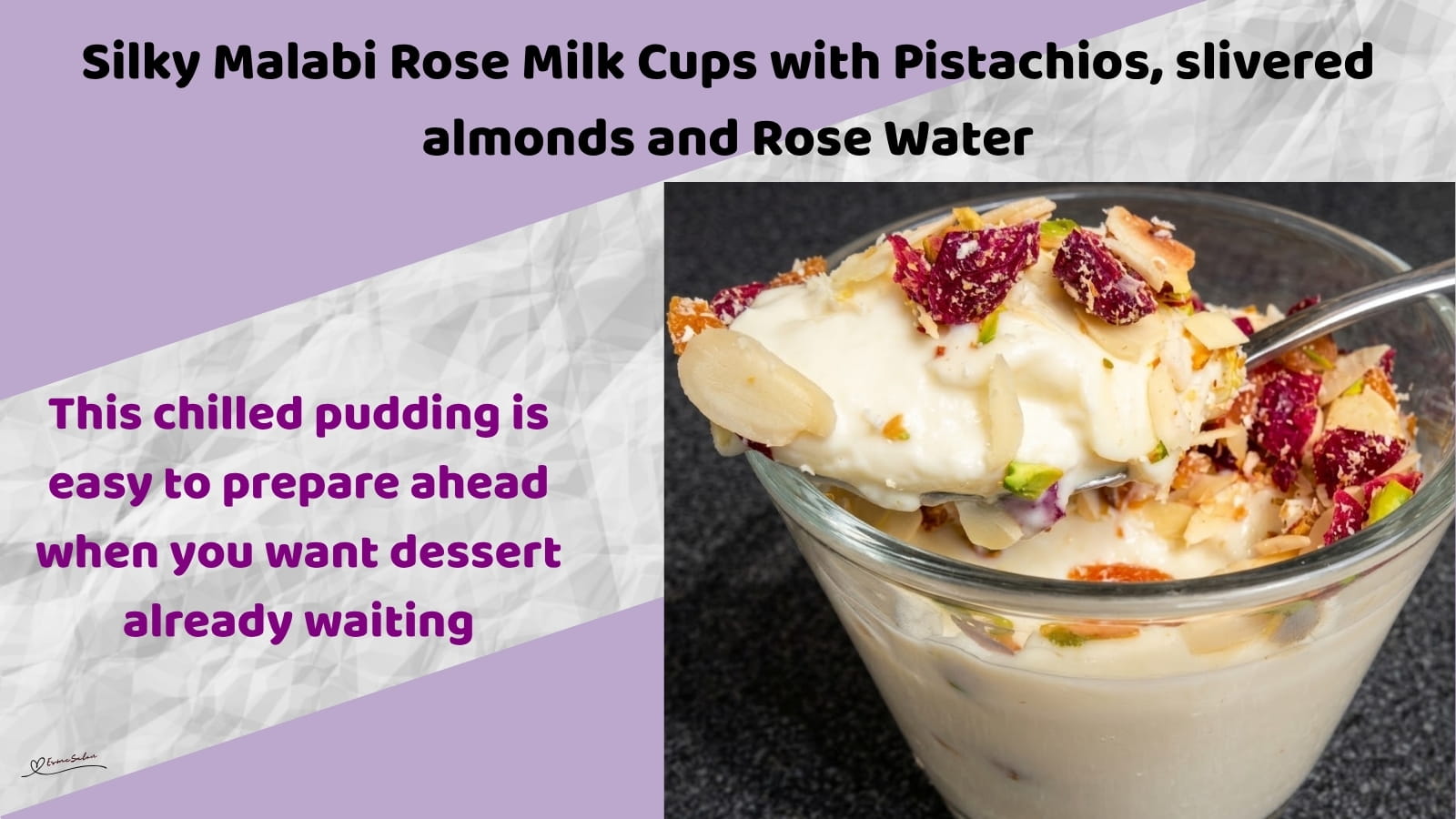 An image of glass with creamy, chilled Malabi Milk pudding with rose water, pistachios and crunchy toppings