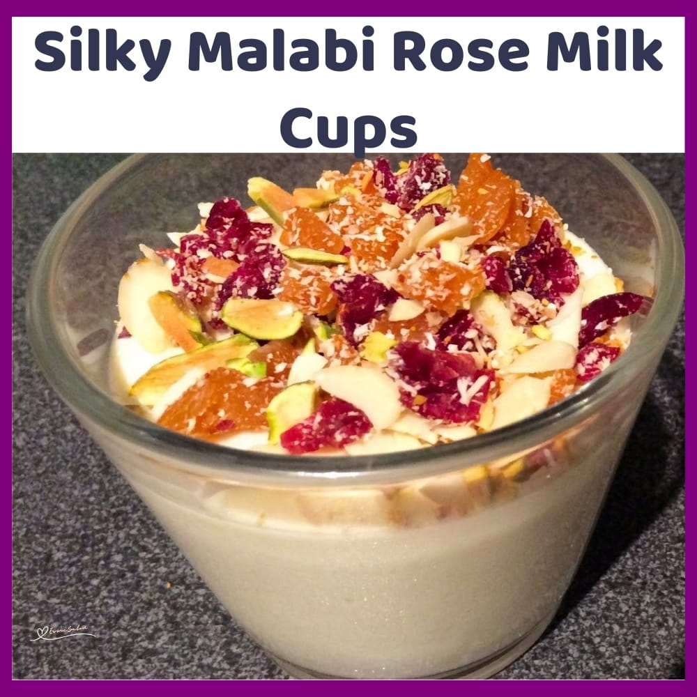 An image of glass with creamy, chilled Malabi Milk pudding with rose water, pistachios and crunchy toppings